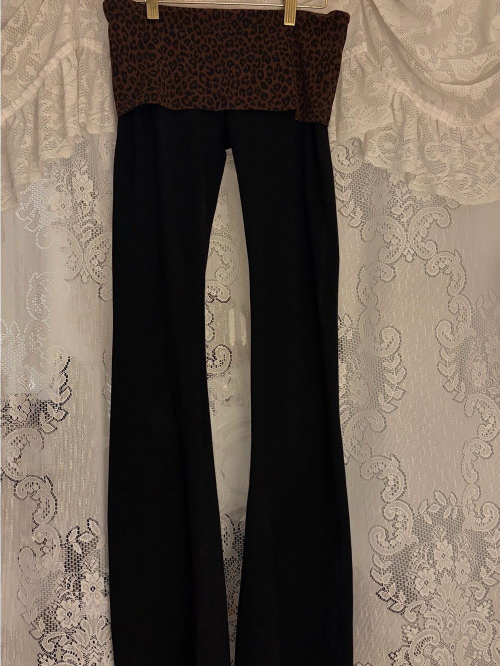 PINK Victoria's Secret Black Leggings with Brown Leopard Fold-Over Waistband